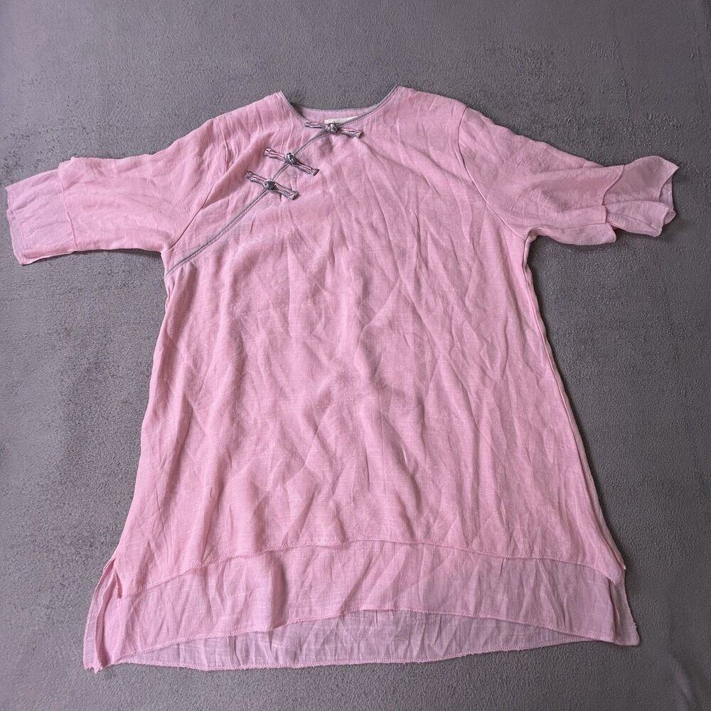 Lian Xun Tunic Top Womens XL Pink Linen Blend Frog Closure Cheongsam Boho
